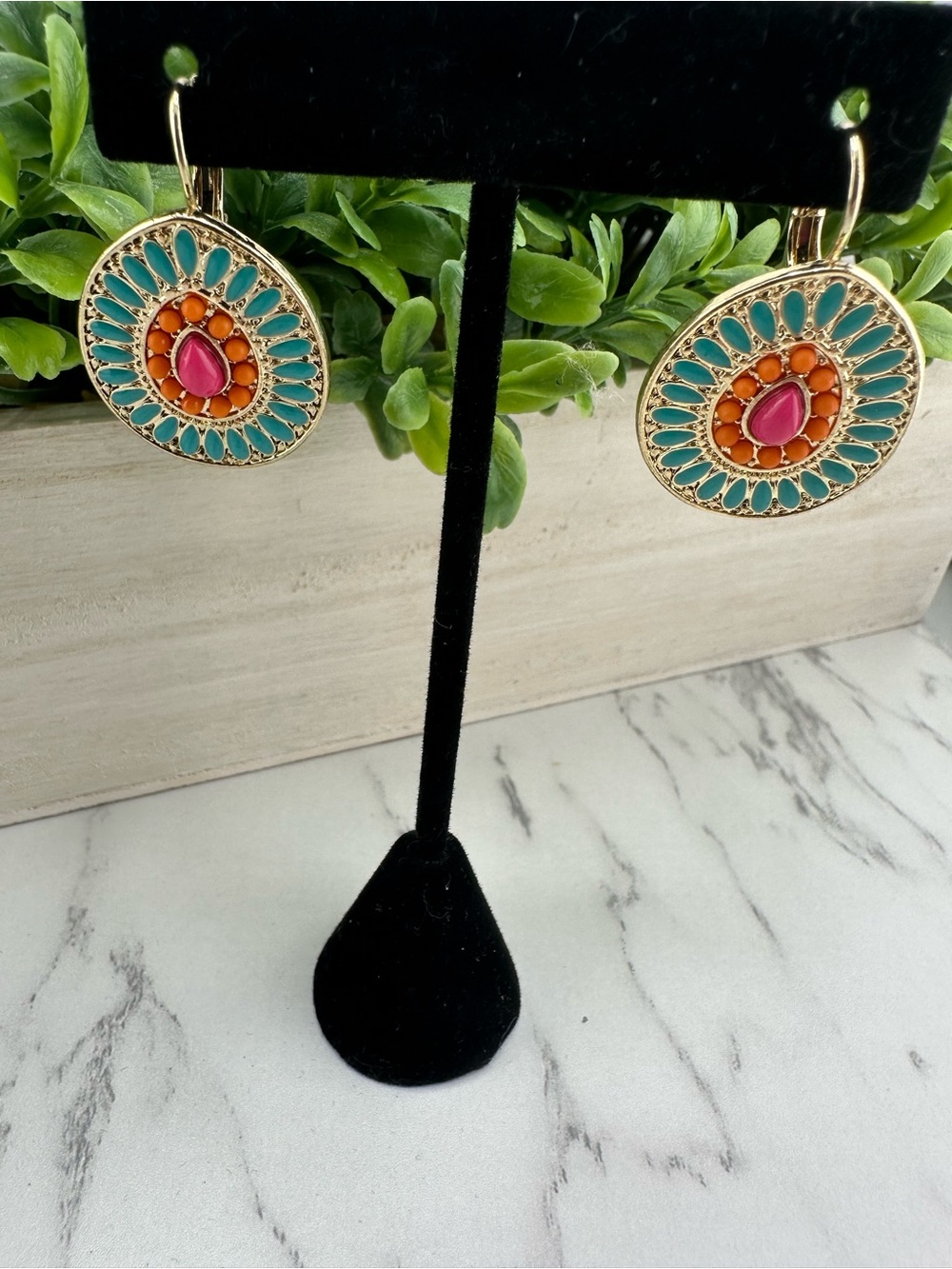 Gold-Tone Teardrop Earrings with Turquoise, Coral and Pink Accents